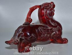 10 China Red Amber Carved Fengshui Pixiu Beast Bat Pattern Wealth Statue