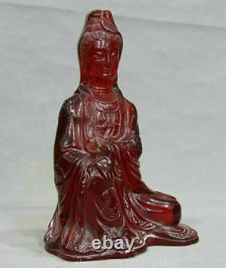 10 Chinese Red Amber Carving Seat Kwan-yin Guan Yin Goddess Statue Sculpture