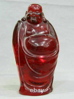 10 Chinese Red Amber Carving Stand Happy Laugh Maitreya Buddha Luck Statue