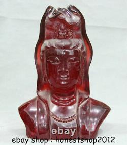 11.2 China Red Amber Carved Guanyin Kwan-Yin Bodhisattva Head Bust Statue