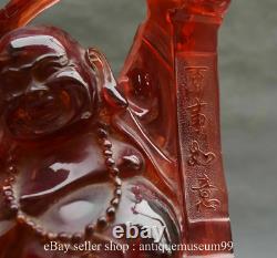 11.6 Chinese Buddhism Red Amber Carved Happy Laugh Maitreya Buddha Ruyi Statue