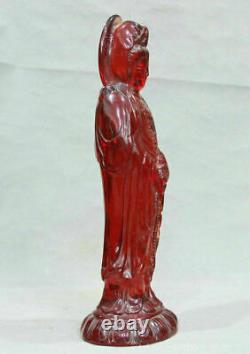 12 Chinese Red Amber Carving Stand Kwan-yin Guan Yin Goddess Statue Sculpture