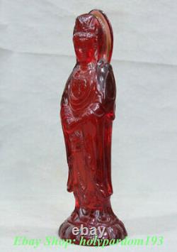 12 Chinese Red Amber Carving Stand Kwan-yin Guan Yin Goddess Statue Sculpture