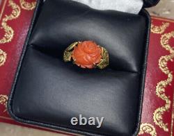 14k Yellow Gold Carved Red Coral Flower Leaf Vintage Antique Estate Ring 5 1/2