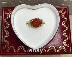 14k Yellow Gold Carved Red Coral Flower Leaf Vintage Antique Estate Ring 5 1/2