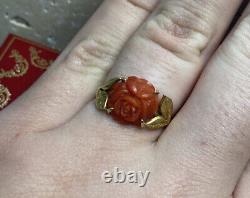 14k Yellow Gold Carved Red Coral Flower Leaf Vintage Antique Estate Ring 5 1/2