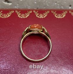 14k Yellow Gold Carved Red Coral Flower Leaf Vintage Antique Estate Ring 5 1/2