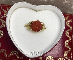 14k Yellow Gold Carved Red Coral Flower Leaf Vintage Antique Estate Ring 5 1/2