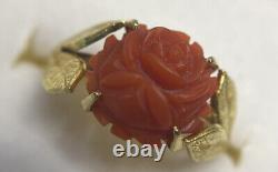 14k Yellow Gold Carved Red Coral Flower Leaf Vintage Antique Estate Ring 5 1/2