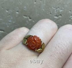 14k Yellow Gold Carved Red Coral Flower Leaf Vintage Antique Estate Ring 5 1/2