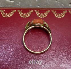 14k Yellow Gold Carved Red Coral Flower Leaf Vintage Antique Estate Ring 5 1/2