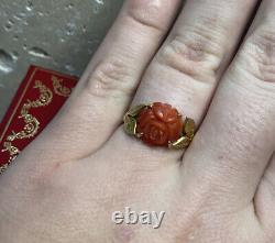 14k Yellow Gold Carved Red Coral Flower Leaf Vintage Antique Estate Ring 5 1/2