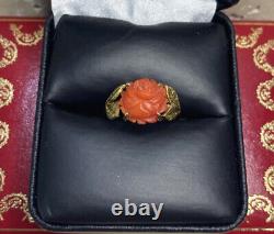 14k Yellow Gold Carved Red Coral Flower Leaf Vintage Antique Estate Ring 5 1/2