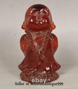 15CM Old Chinese Red Amber Temple Carving Young Monk bonze Buddha Sculpture