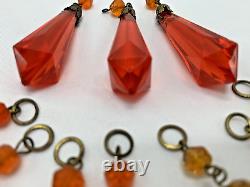 16 Antique Crystal Pendeloques Faceted Drops Red & Amber Glass Czechoslovakia