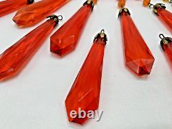 16 Antique Crystal Pendeloques Faceted Drops Red & Amber Glass Czechoslovakia