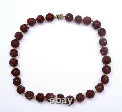 1930's Chinese Dark Cherry Amber Bakelite Carved Carving Bead Necklace