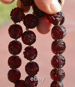 1930's Chinese Dark Cherry Amber Bakelite Carved Carving Bead Necklace