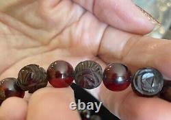 1930's Chinese Dark Cherry Amber Bakelite Carved Roses Bead Necklace. 16 62g