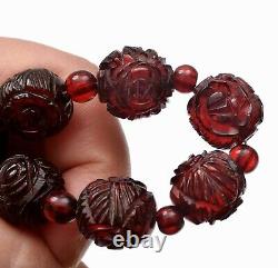 1930's Chinese Dark Cherry Amber Faturan Bakelite Carved Bead Silver Necklace