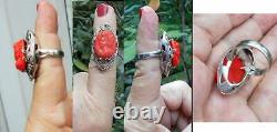 1 Antique Red Coral Cameo RING Sterling Marcasite Size 6 Open Work Filigree OOAK