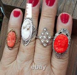 1 Antique Red Coral Cameo RING Sterling Marcasite Size 6 Open Work Filigree OOAK