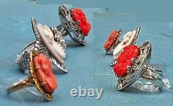 1 Antique Red Coral Cameo RING Sterling Marcasite Size 6 Open Work Filigree OOAK