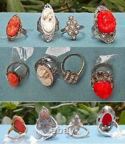 1 Antique Red Coral Cameo RING Sterling Marcasite Size 6 Open Work Filigree OOAK