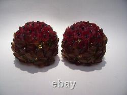 2 Antique Czech Glass Flower Red / Amber Beaded Bulb Cover Shades Rewoven 3 1/2