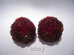 2 Antique Czech Glass Flower Red / Amber Beaded Bulb Cover Shades Rewoven 3 1/2