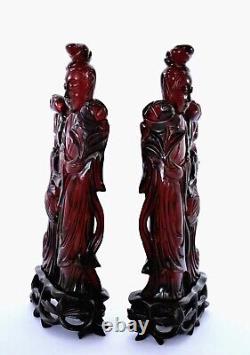 2 Chinese Dark Cherry Amber Bakelite Faturan Carved Carving Lady Figure 359 Gram