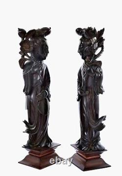 2 Chinese Dark Cherry Amber Bakelite Faturan Carved Lady Figure 1143G AS IS