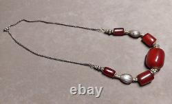33 Grams Antique Faturan Cherry Amber Bakelite Sterling Silver Chain Marbled