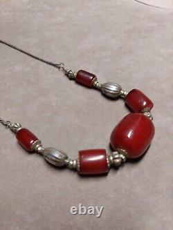 33 Grams Antique Faturan Cherry Amber Bakelite Sterling Silver Chain Marbled