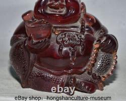 4.4 Old Chinese Red Amber Carved Buuddhism Happy Laugh Maitreya Buddha Statue