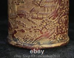 5.6 Old Chinese Red Amber Carved Dynasty Landscape Pavilion Brush Pot Pen Case
