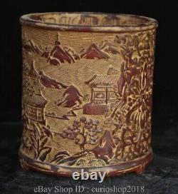 5.6 Old Chinese Red Amber Carved Dynasty Landscape Pavilion Brush Pot Pen Case