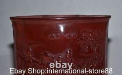 6.2 Old Chinese Red Amber Carving The Seven Sages of the Bamboo Grove Brush Pot