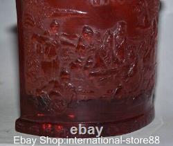 6.2 Old Chinese Red Amber Carving The Seven Sages of the Bamboo Grove Brush Pot