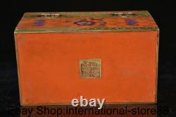 6.4 Marked Old China Red Cloisonne Copper Dynasty Bat Crane Jewelry Box