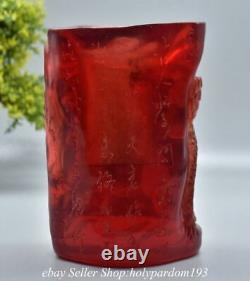 6.4 Old Chinese Red Amber Carved Happy Laugh Maitreya Buddha Tongzi Brush pot
