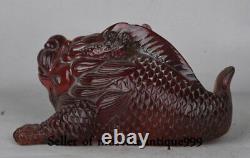 6.4 Old Chinese Red Amber Carving Feng Shui Dragon Fish Lucky Sculpture