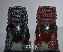 6.8 China Red Amber Carved Animal Fu Door Lions Beast Wealth Statue Pair