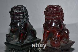 6.8 China Red Amber Carved Animal Fu Door Lions Beast Wealth Statue Pair