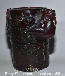 6.8 Old China Red Amber Carving Pixiu Beast Phoenix Ear Brush Pot Pen Container