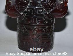 6.8 Old China Red Amber Carving Pixiu Beast Phoenix Ear Brush Pot Pen Container