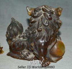 6.8 Old Chinese Red Amber Carving Fengshui Foo Fu Dog Guardion Lion Pair Statue