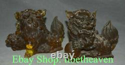 6.8 Old Chinese Red Amber Feng Shui Foo Dog Lion Ball Son Sculpture Pair