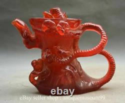 6.8 Rare Chinese Red Amber Carved Dynasty Flower Birds Handle Teapot teakettle