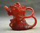 6.8 Rare Chinese Red Amber Carved Dynasty Flower Birds Handle Teapot Teakettle